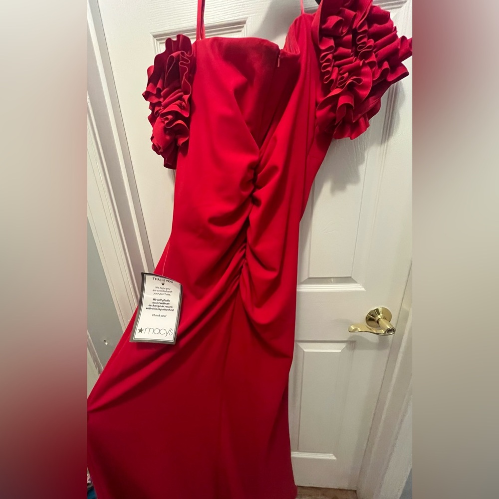 NWT Xscape Red Ruffle Shoulder Evening Gown Dress from Macy's - Picture 11 of 13